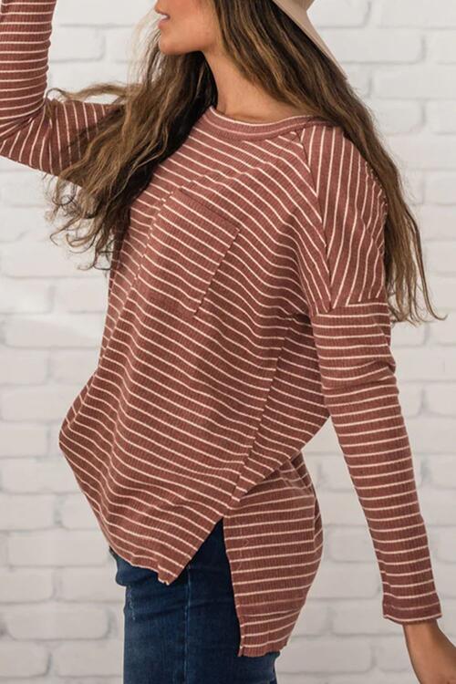 Striped Round Neck Long Sleeve Slit T-Shirt