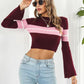 Ribbed Color Block Round Neck Cropped Sweater