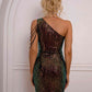 Sequin Rhinestone Chain Detail One-Shoulder Bodycon Dress