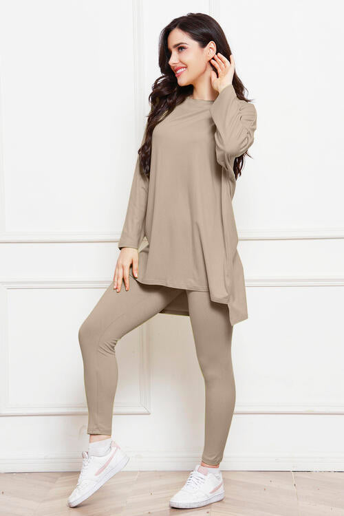 Round Neck High-Low Top and Leggings Set