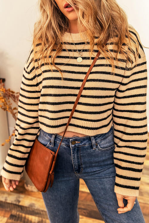 Striped Round Neck Long Sleeve Cropped Sweater